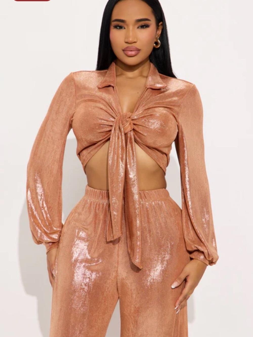 Fashion Nova Metallic Tie-Front Blouse in Rose